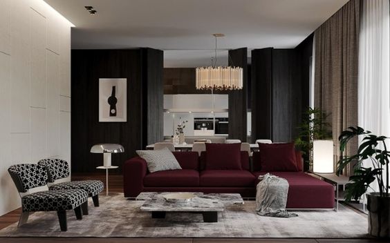 Классическая гостиная с красным диваном